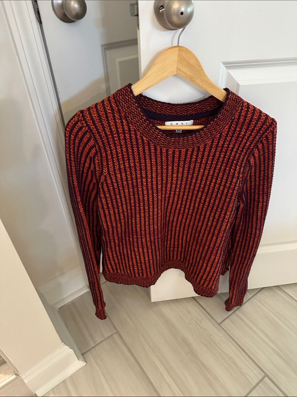CAbi Red and Black Ribbed Crew Sweater